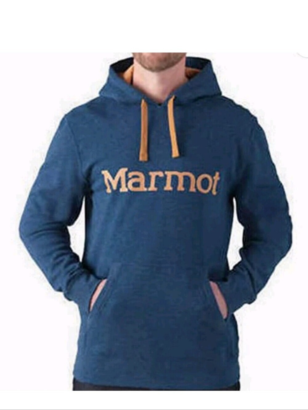 Marmot navy blue hoodie with tan logo and drawstrings